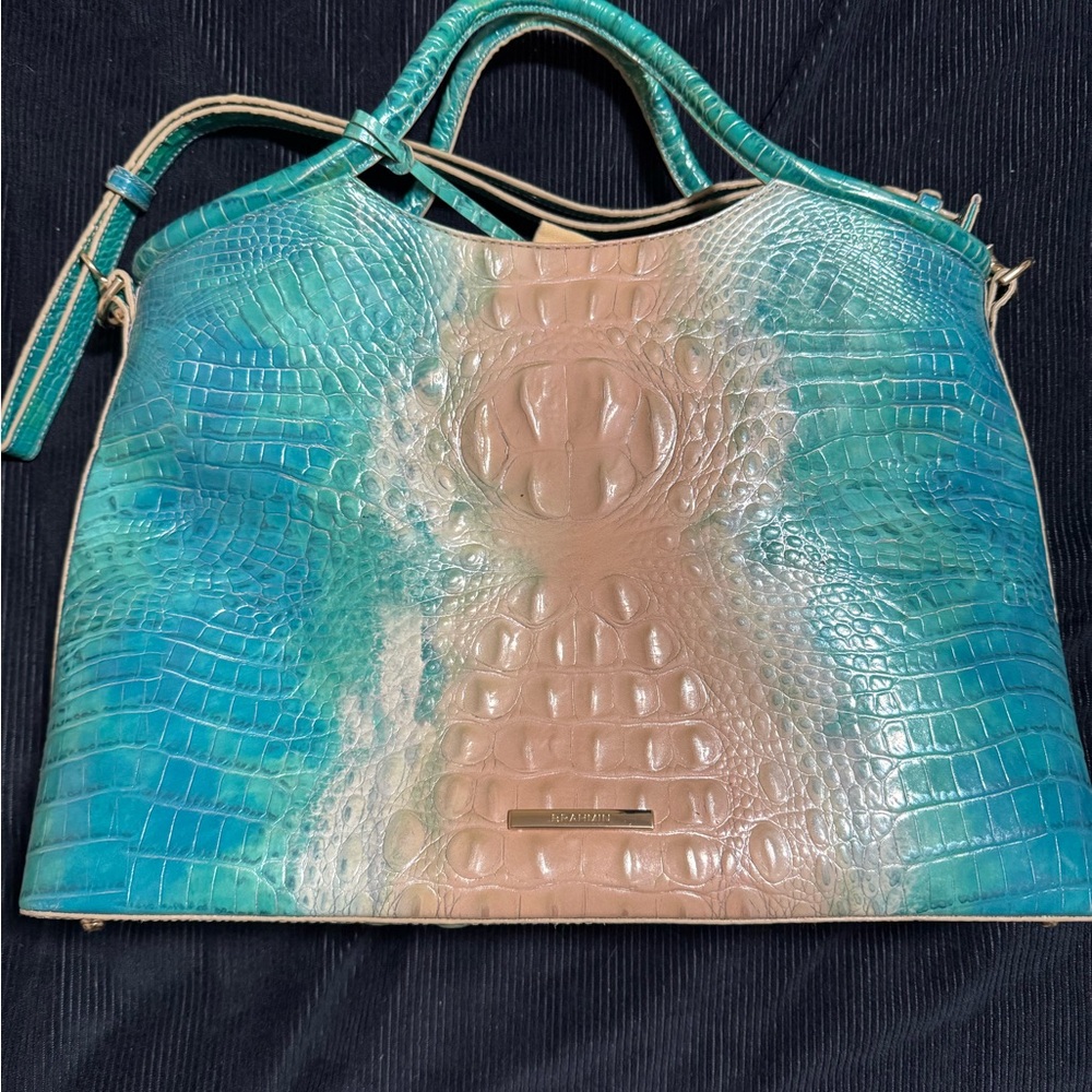 Brahmin Blue and Tan Shoulder Bag with Crocodile Embossed Design